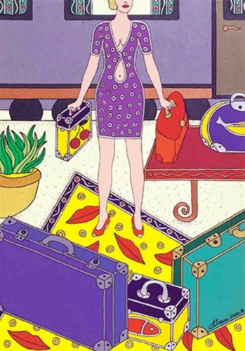 DONNA CON VALIGIE acrilico su tela 100x70 - 2000