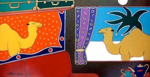 DUE CAMMELLI acrilico su tela 50x100 - 2000