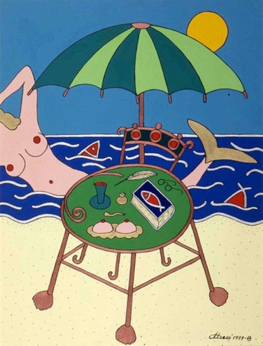 UN TAVOLINO SULLA SPIAGGIA ROMA acrilico su tela 80x60 - 1999