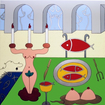 A cena col pesce, acrilico su tela 80x80